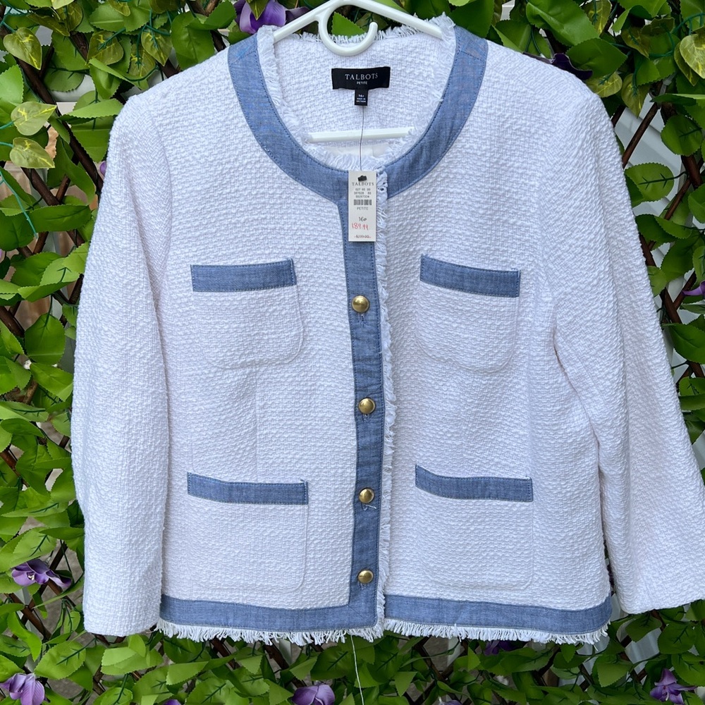 New✨Talbots White Tweed Jacket with Blue Trim Accents✨